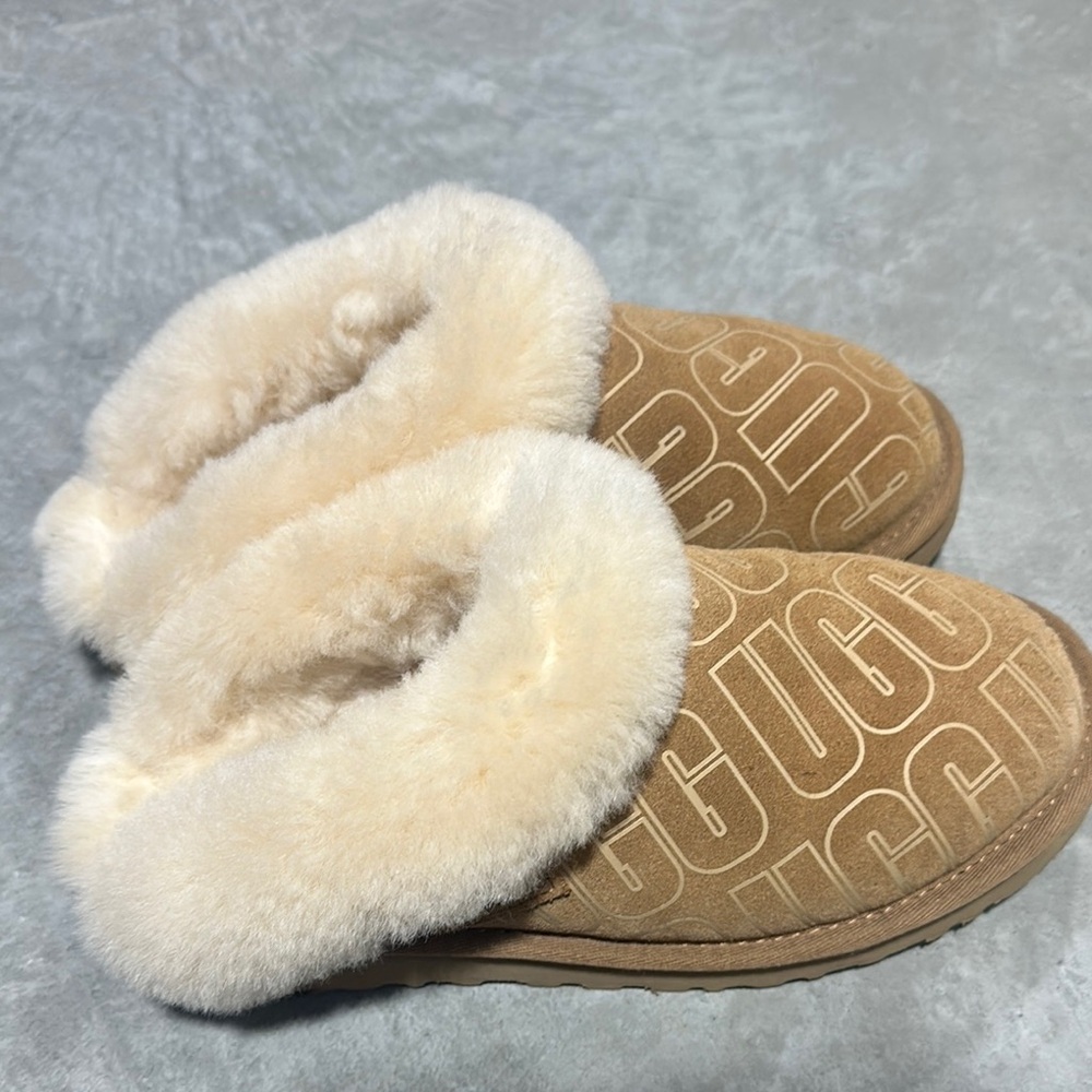 UGG Tan and Cream Suede Slippers with Plush Lining